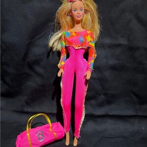 Barbie Hot Pink Jumpsuit with Multicolor Cropped Top and Pink Duffel